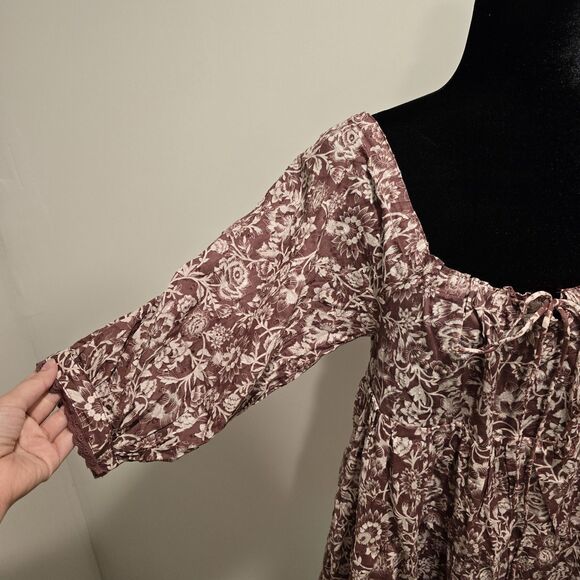 Olivaceous Boho Floral Short Puff Sleeve Mini Baby Doll Dress Maroon Size Medium - Picture 4 of 12